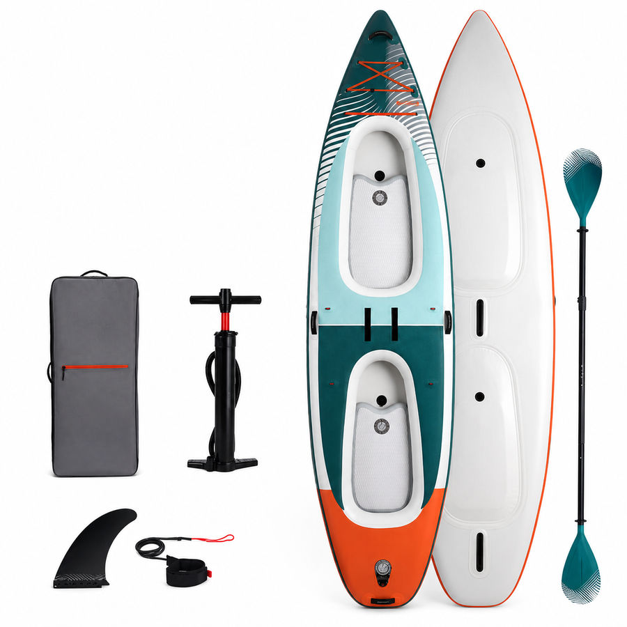 Premium 13'2" Tandem Inflatable SUP & Kayak Hybrid – Deep Cockpit 2-Passenger Expedition Cruiser with Removable Drop-Stitch Deck Floor